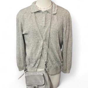 Light Gray Women's Knit sweater Cardigan set. Silk nylon angora lambswool